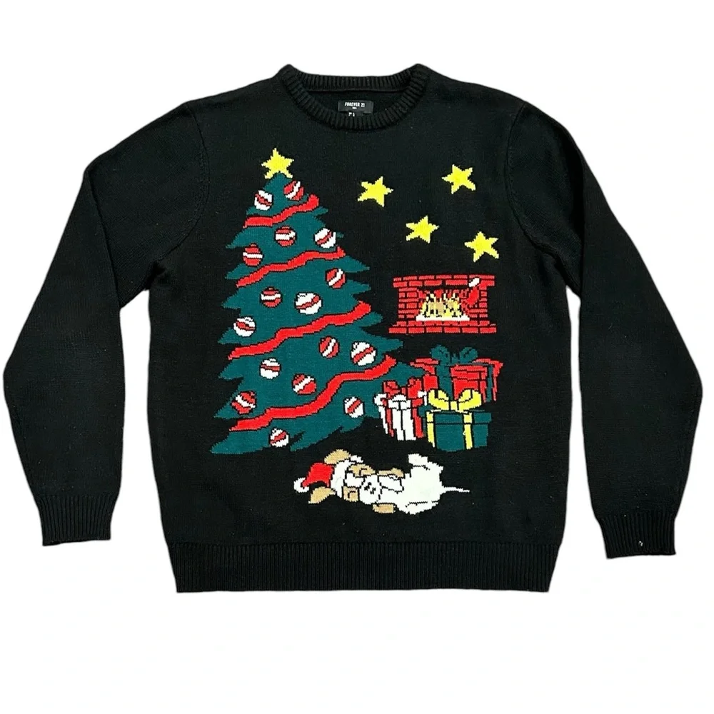 Forever 21 Ugly Christmas Sweater Black Christmas Tree Puppy Holiday Men Large
